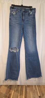American Eagle Stretch Super Hi Rise Flare Womens Size 6 Blue Distressed Grunge